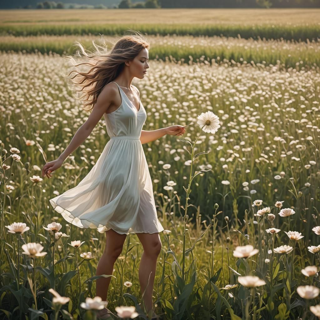 Floral Woman Figure in Windy Flower Field