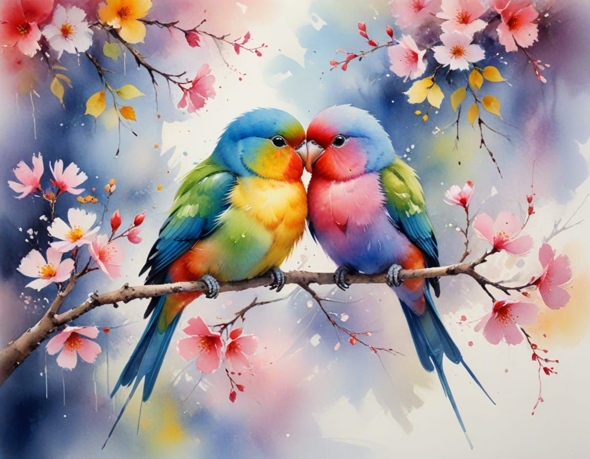 Lovebirds in Impressionist Watercolor Painting