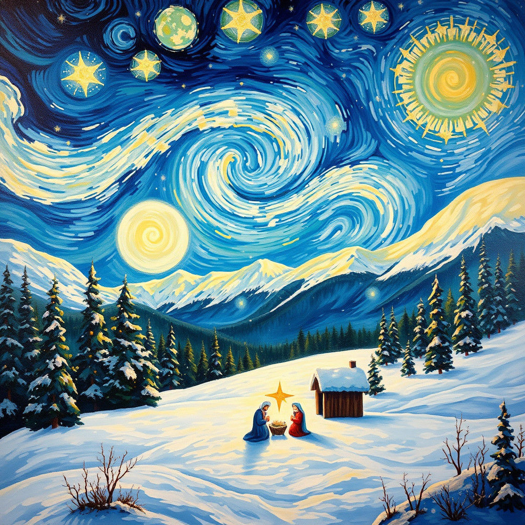 Starry Winter Nativity Scene in Van Gogh Style
