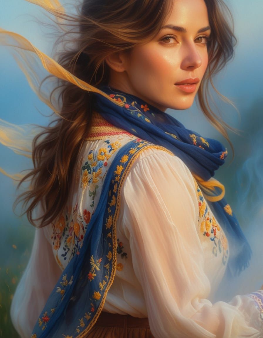 Woman Dancing in Mist: Romantic Realism Oil Painting