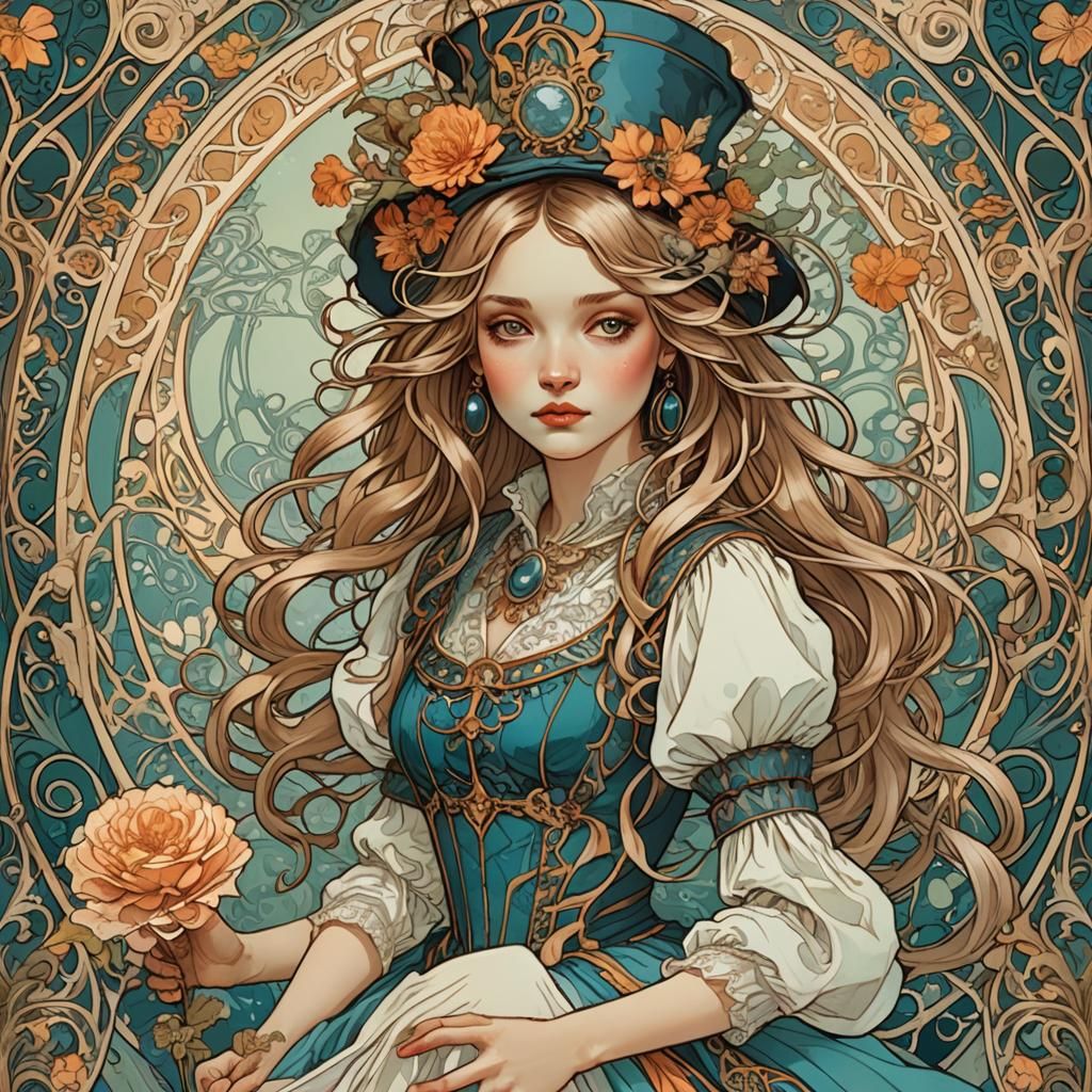 Alice and Mad Hatter's Daughter in Art Nouveau Style