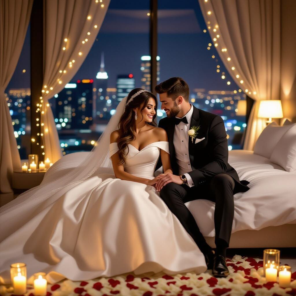 Romantic Bride and Groom in Luxurious City Penthouse