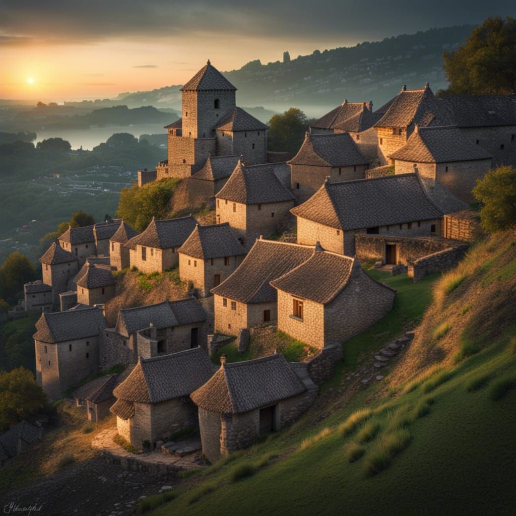 Ancient Fortified Village on a Hill at Dawn