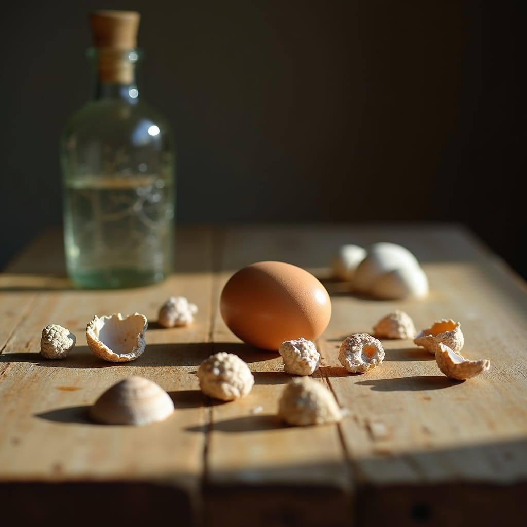 Warm Light Still Life with Egg and Glass Bottle in Rustic Se...