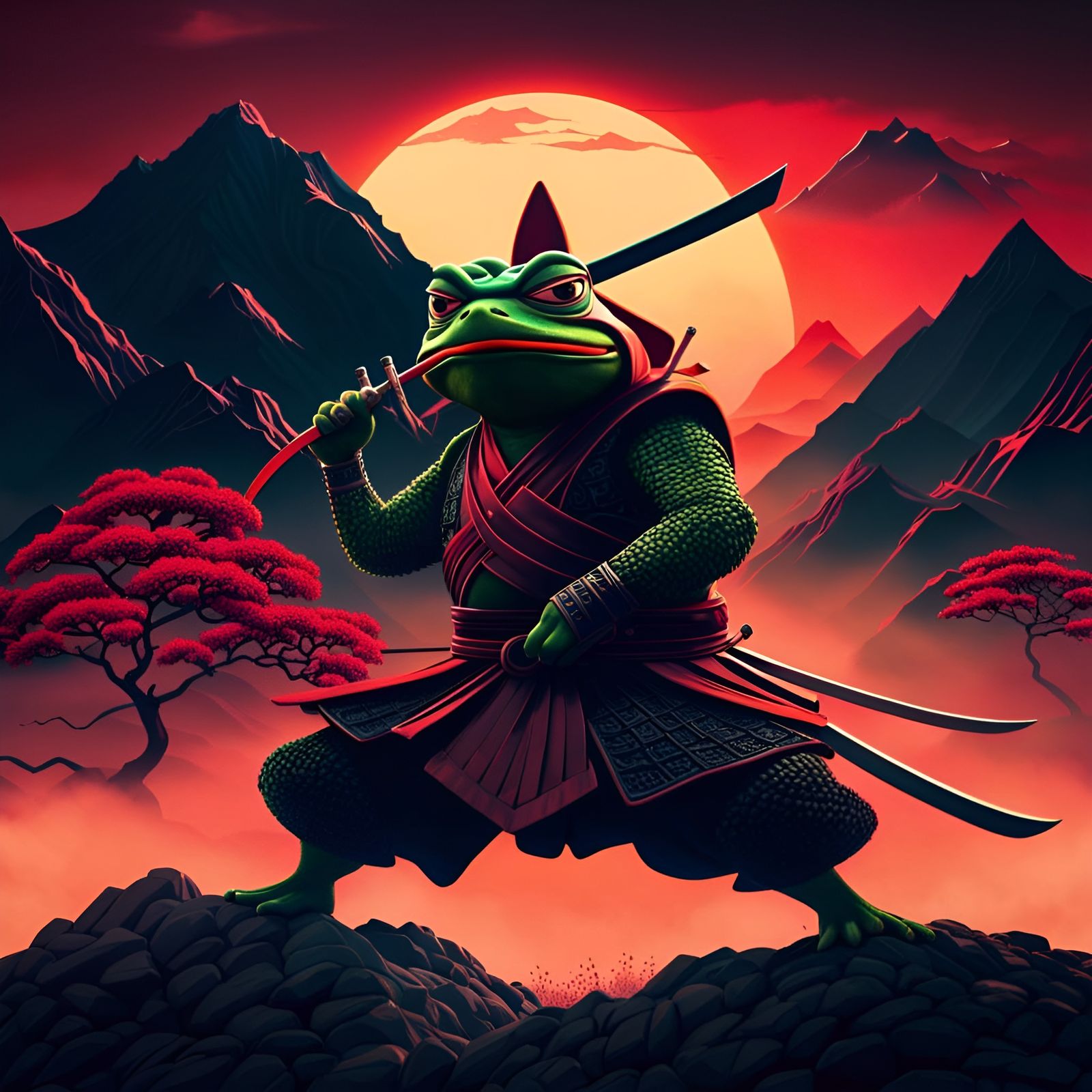 Samurai Ninja Frog Warrior in Dream Landscape
