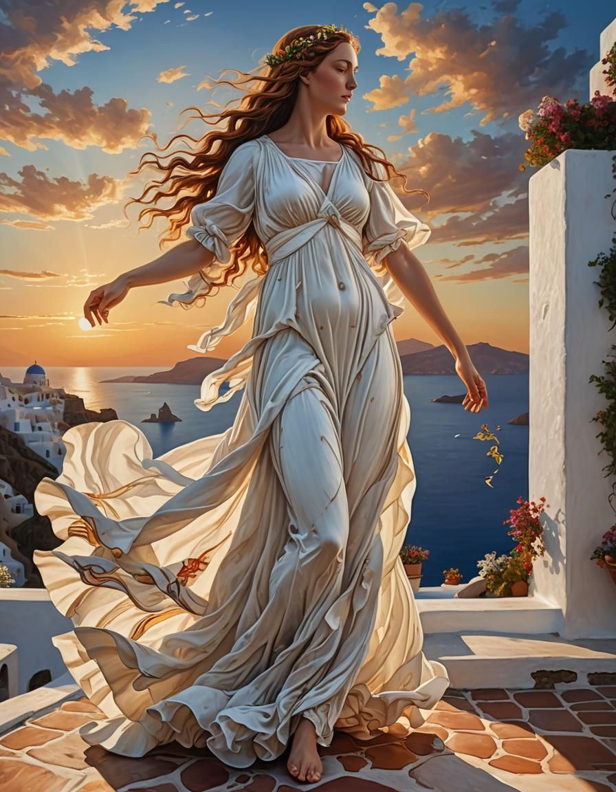 Venus Visits Santorini: Hyperrealistic Concept Art