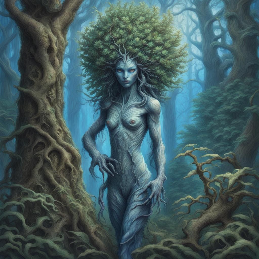 Humanoid Plants in Enchanted Forest, Hyperrealistic Drawing