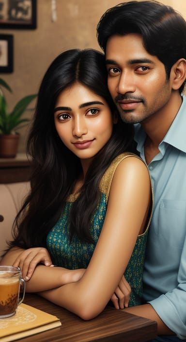 South Asian Couple Affection in Cozy Cafe: Digital Portrait