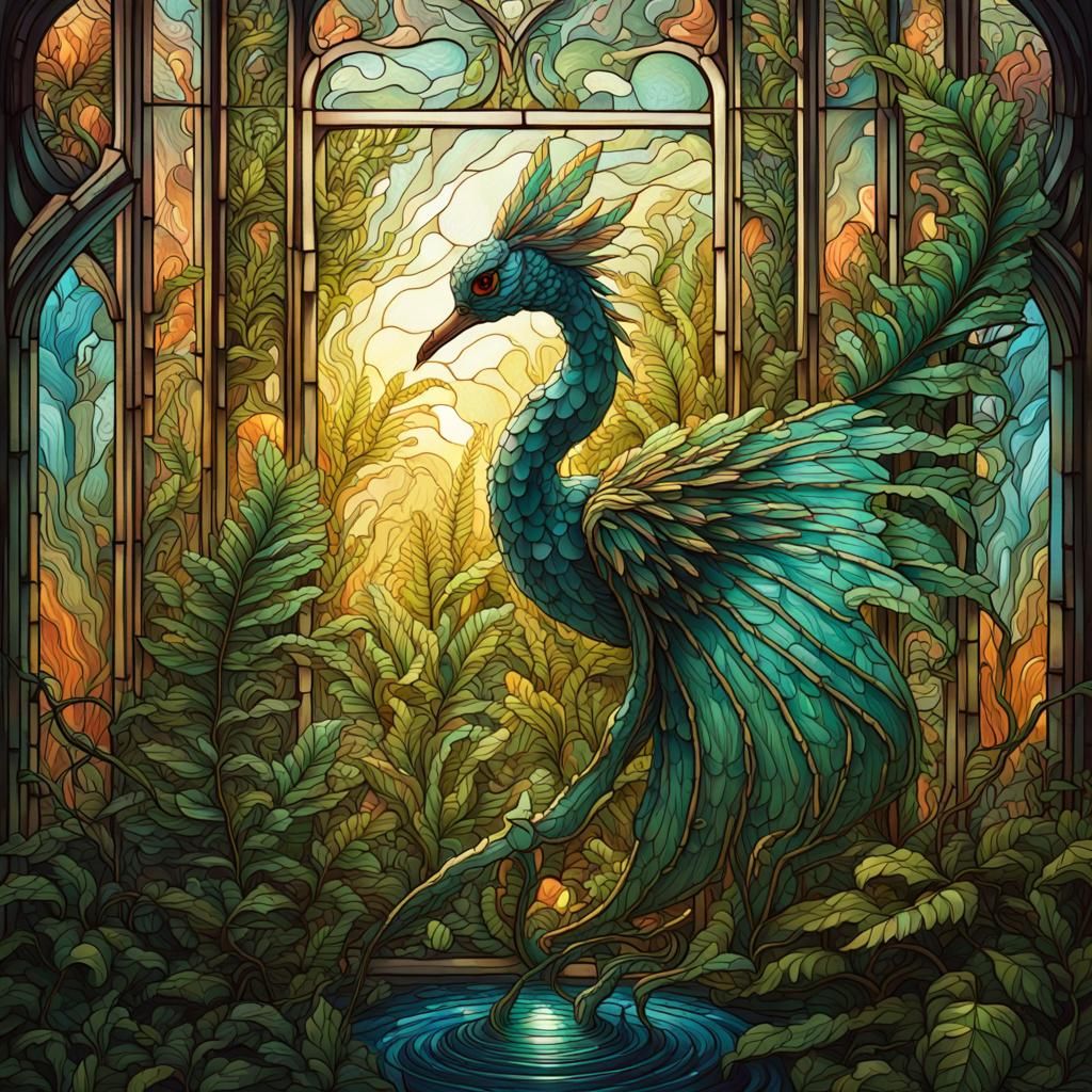 Stained Glass Fern Illustration in Tarot Card Style