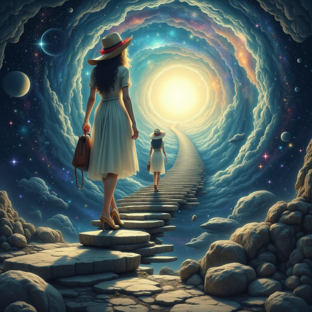 Woman Ascends Cosmic Staircase to Galactic Portal