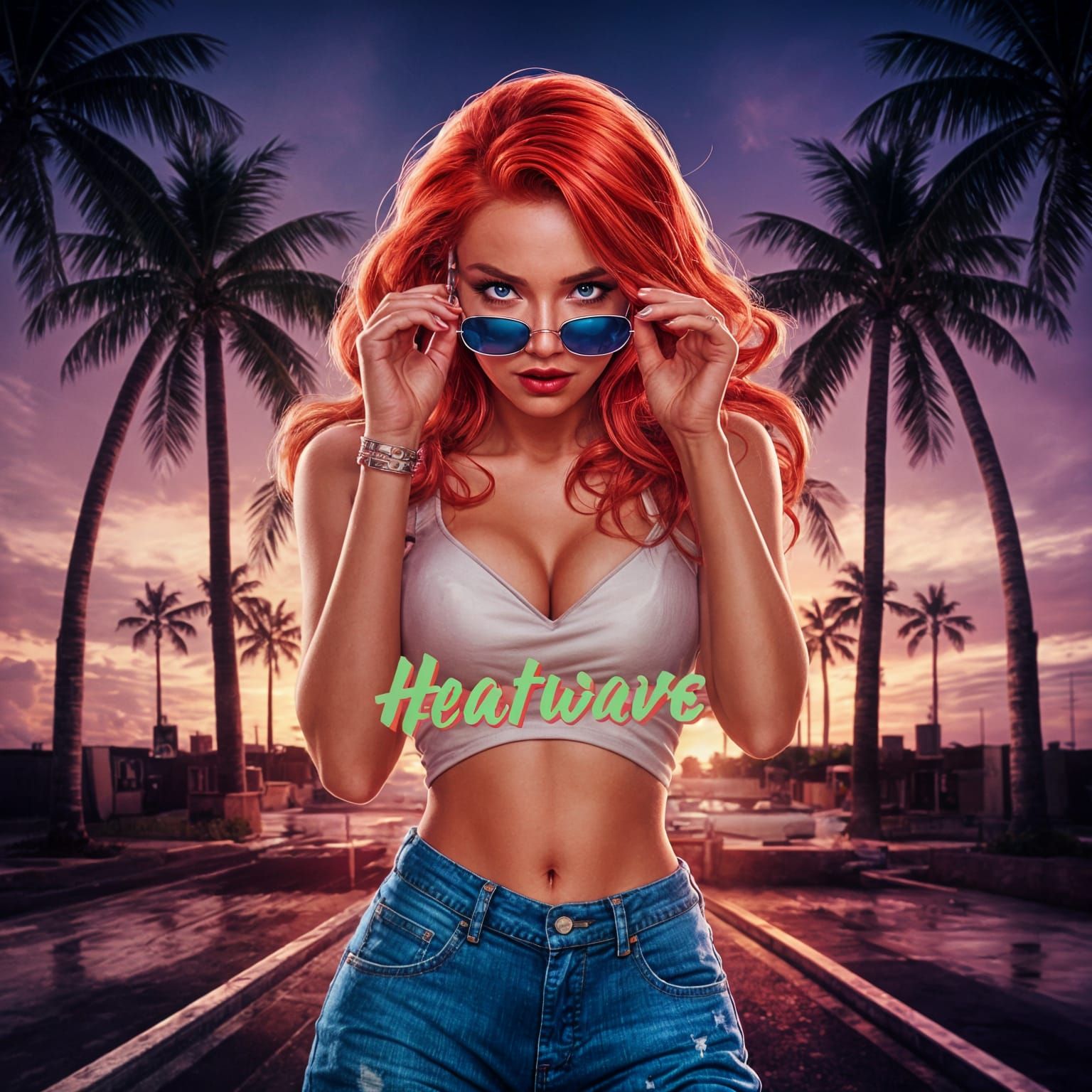 80s-Inspired Miami Illustration: Red-Haired Woman in Heatwav...