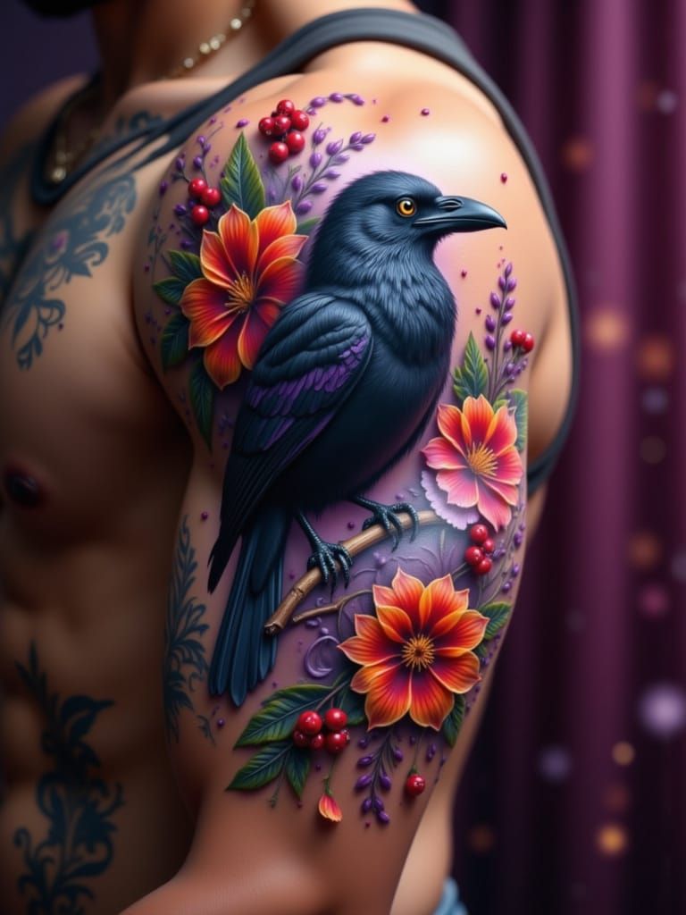 Muscular Arm Tattoo of Raven Among Colorful Flowers