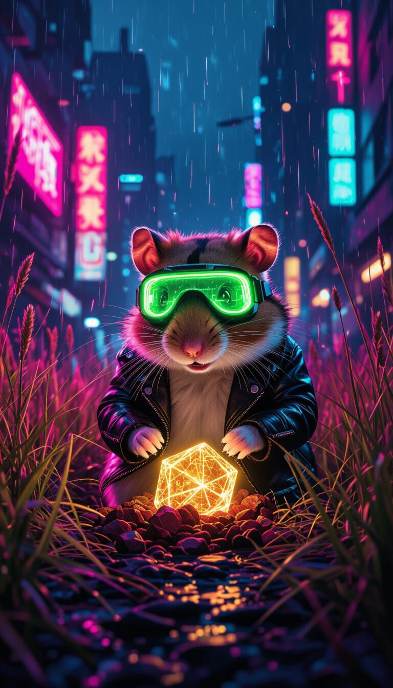 Cyberpunk Hamster Enjoys Uranium in Rainy Cityscape