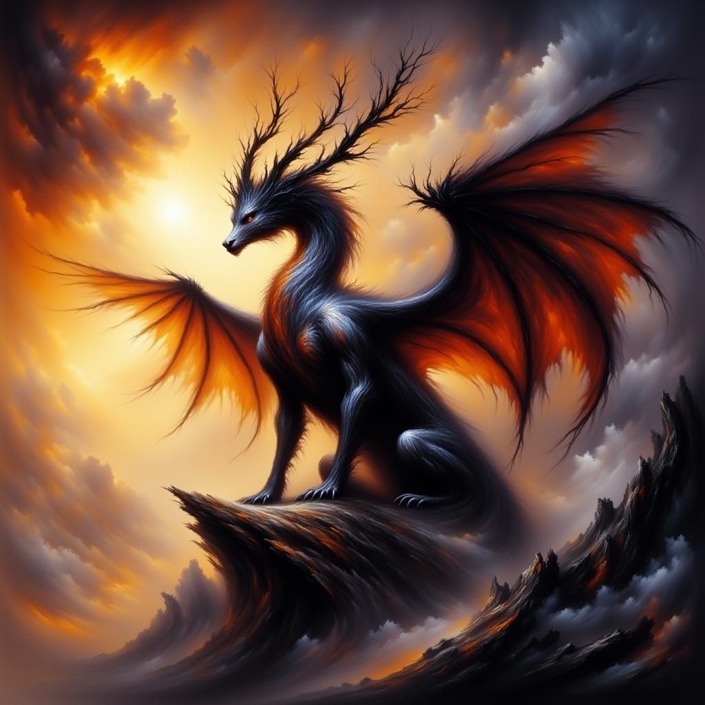 Tri-Horned Dragon on Ancient Ruins in 3D Shading