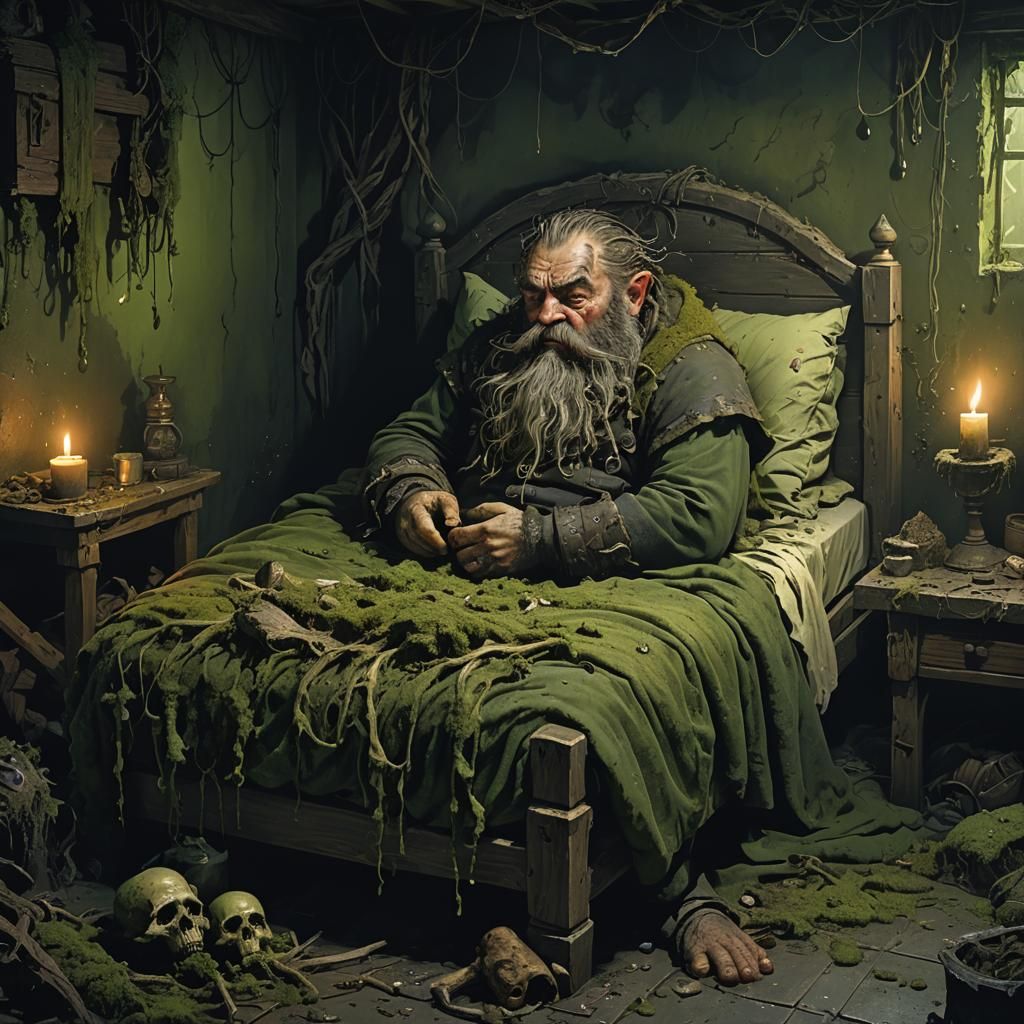 Sick Dwarf Sleeping in Dark Fantasy Style