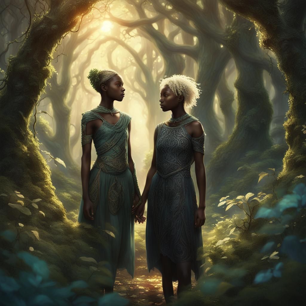 Mystical Forest Scene with Two Girls