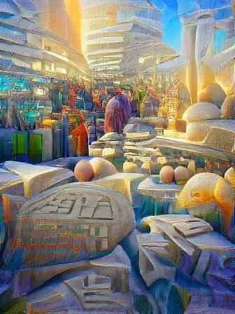 Futuristic Seaside Market at Sunrise in Detailed Digital Art