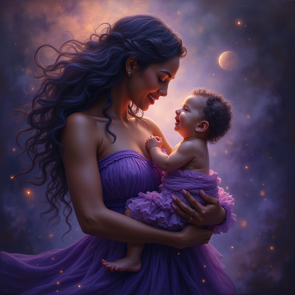 Cosmic Goddess Gaia Embraces Her Glowing Baby in a Vibrant O...