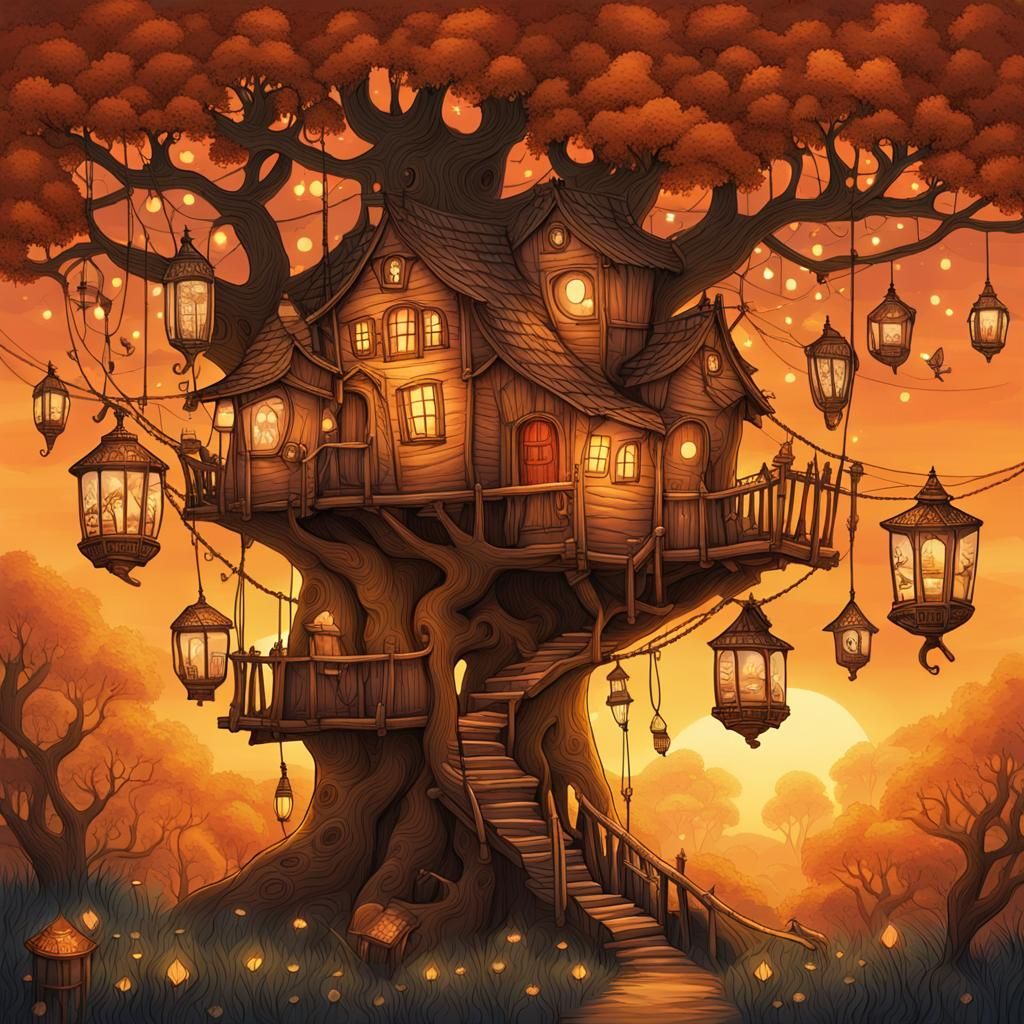 Whimsical Treehouse Village in Ancient Tree