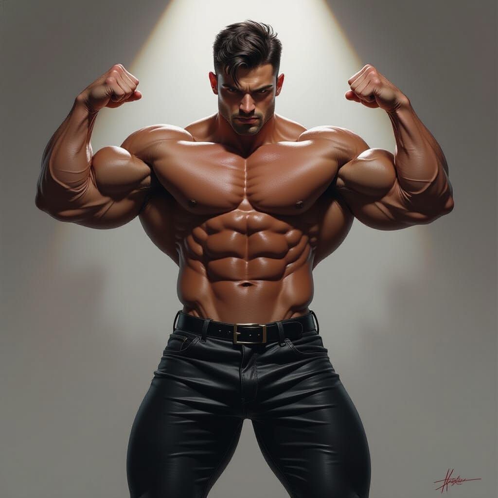 Black Bodybuilder Flexes Muscles in Leather Jeans
