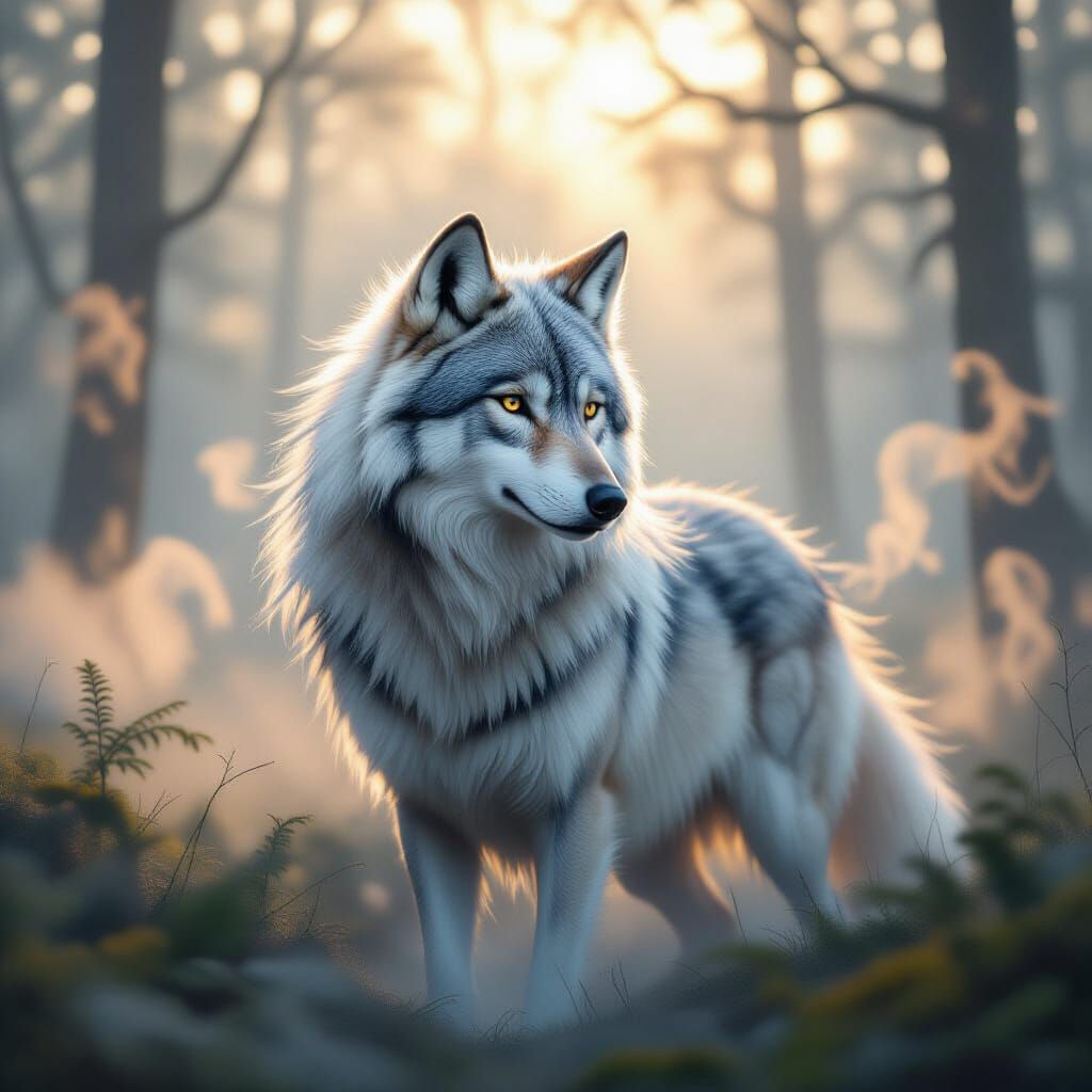 Ethereal Wolf Made of Fog and Light