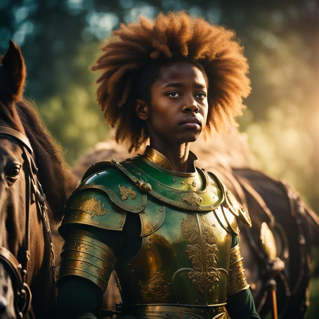 Young Black Girl in Roman Armor on Horse
