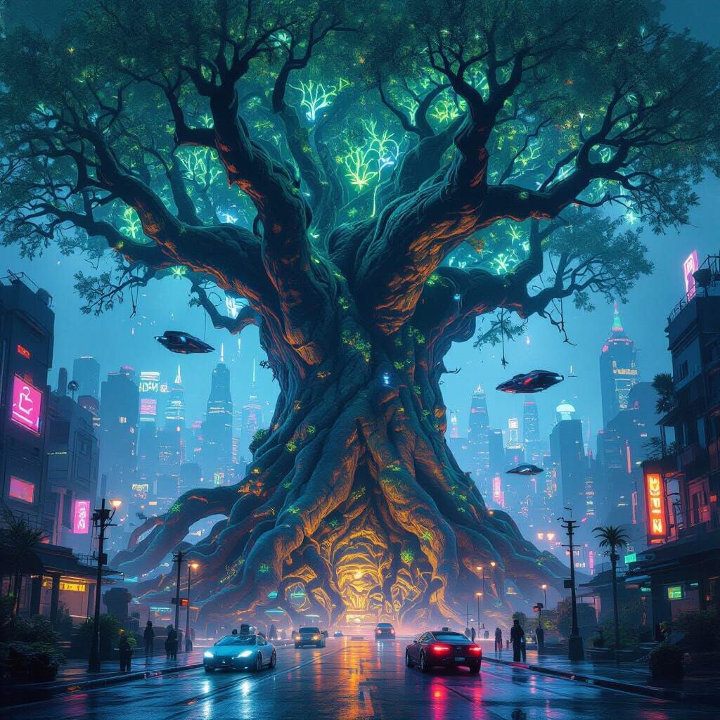 Ancient Tree Meets Neon City in Cyberpunk Style