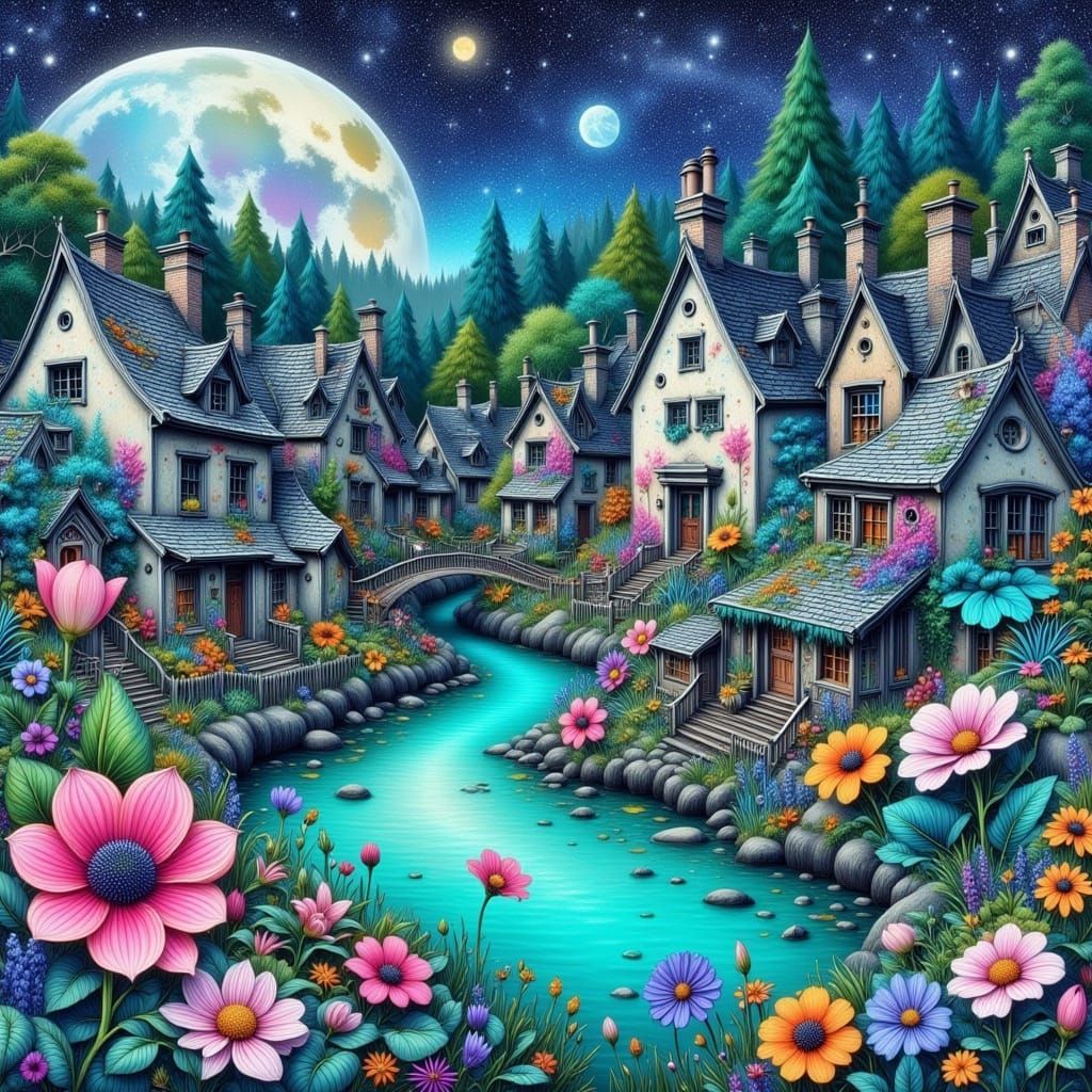 Mystical Autumn Village in Vibrant Colors