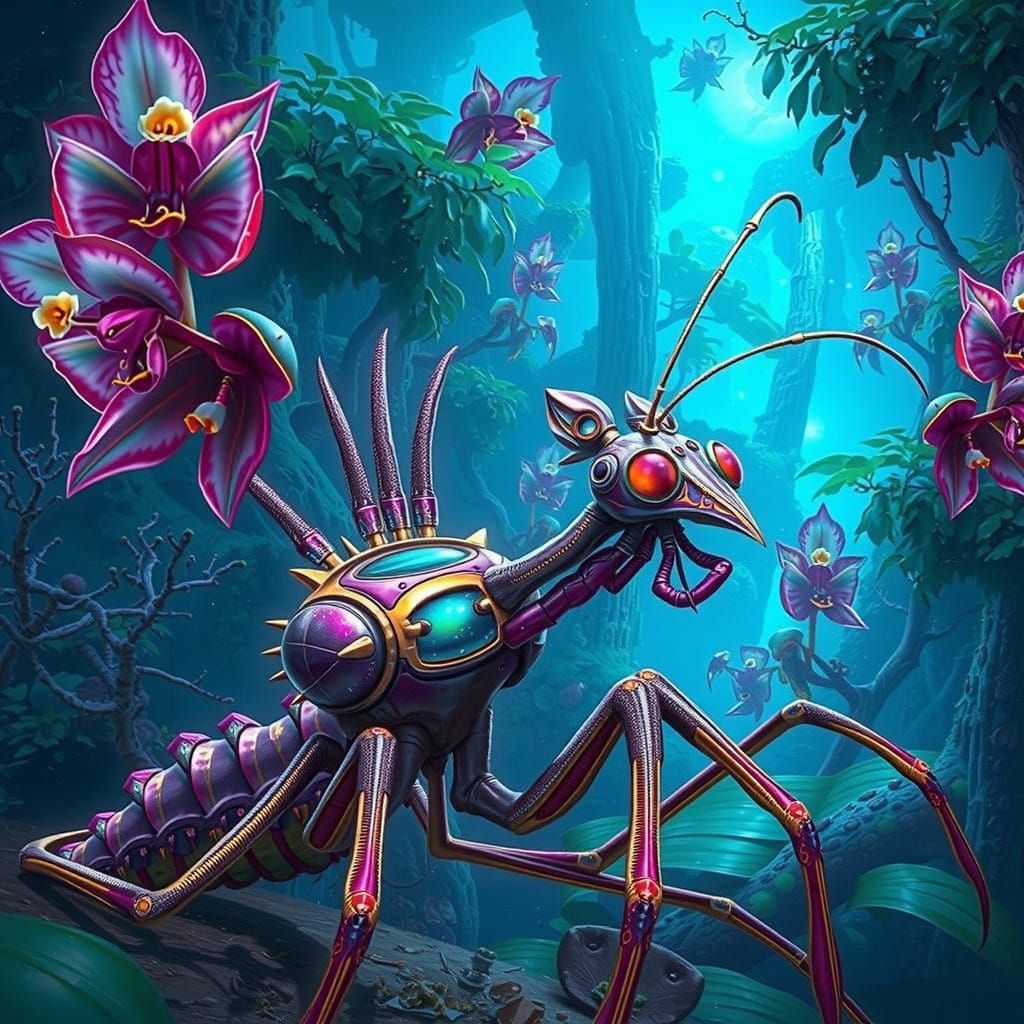 Alien Mantis-Like Creature in Bioluminescent Forest