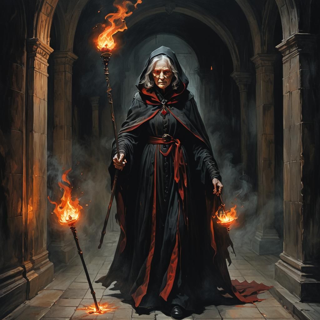 Gothic Fantasy Old Woman with Flaming Staff