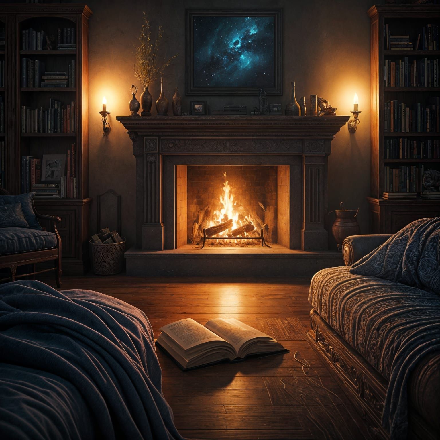 Peaceful Living Room with Fireplace: Fantasy Concept Art