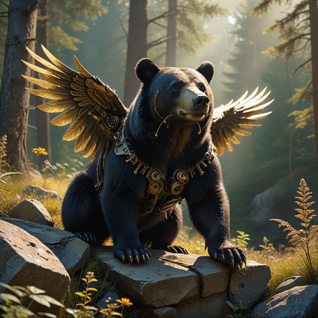 Black Bear with Brass Wings in Fantasy Forest