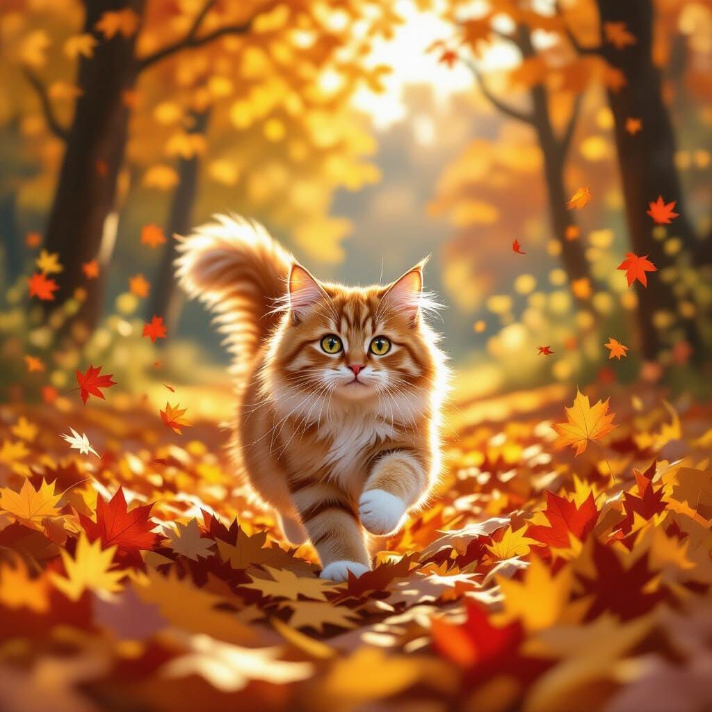 Fluffy Ginger Cat Runs Through Autumn Leaves in Painterly St...