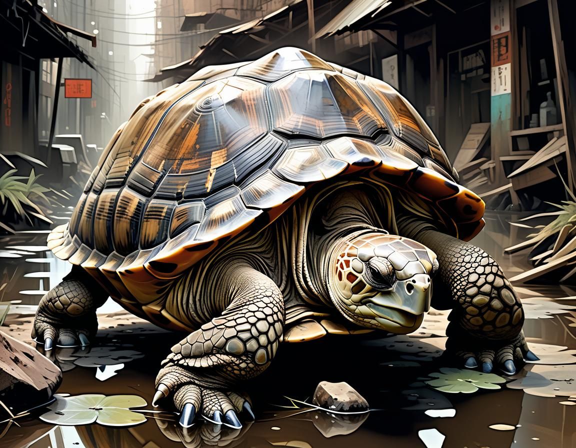 Detailed Tortoise in Watercolor and Ink