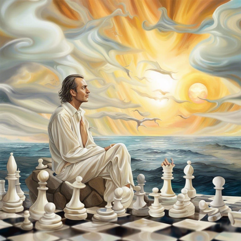 Man Contemplates Sunset with Floating Chess Pieces