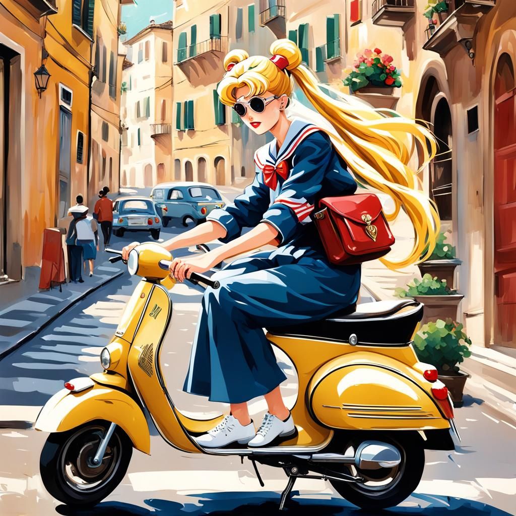Sailor Moon riding a Vespa.  Roman Holiday, sunshine, casual...