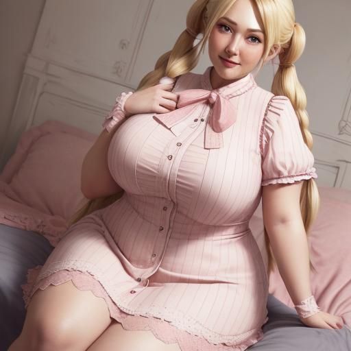 Smiling Plus-Size Girl Unbuttoning Blouse, Digital Art