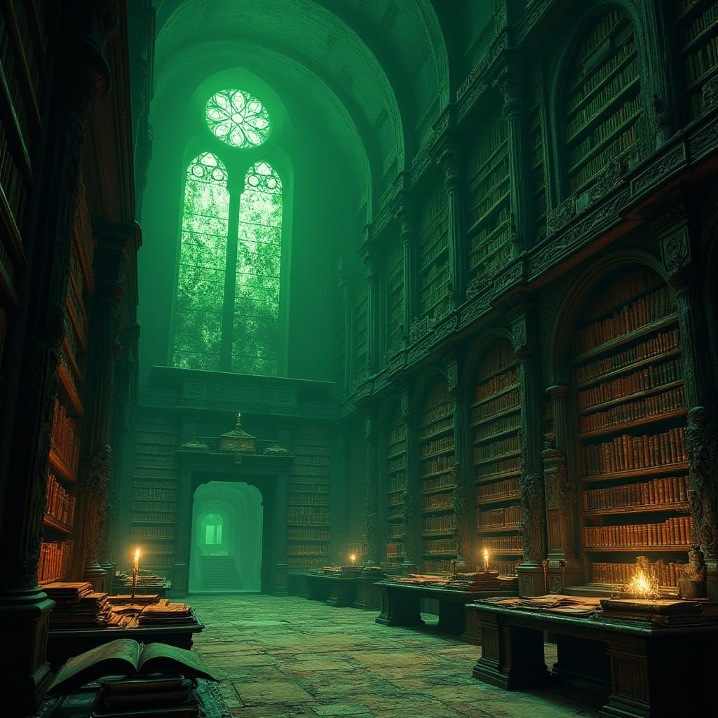 Eerie Ancient Library in Dark Fantasy Style
