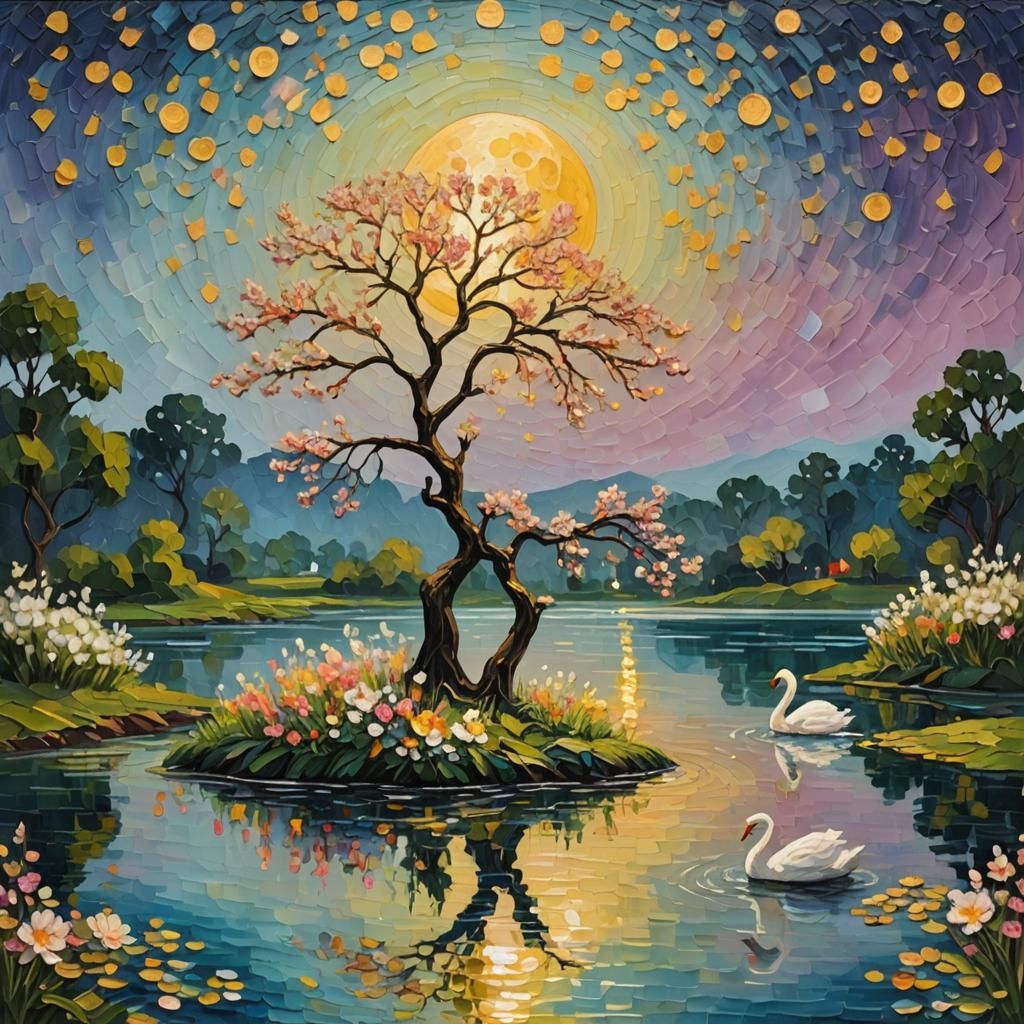 Dreamy Moonlit Landscape with Swans as Impasto Painting