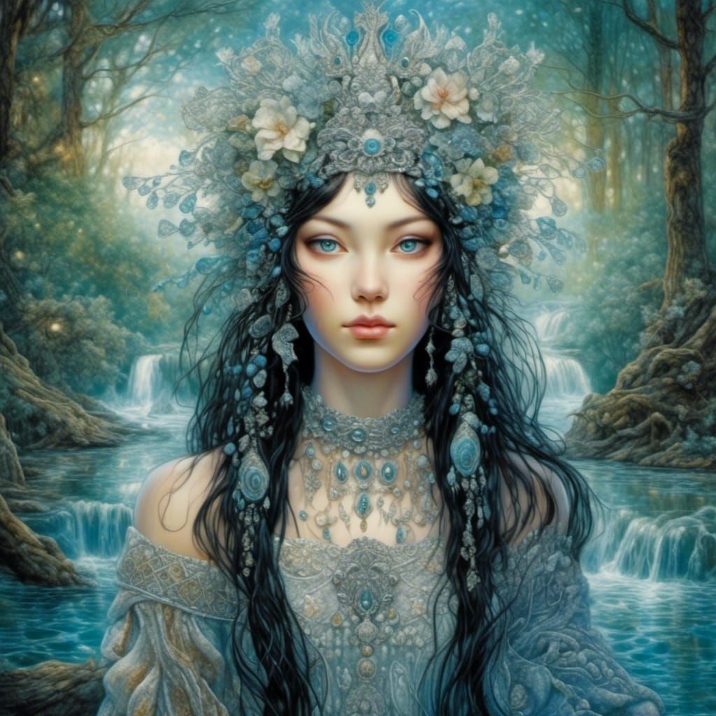 Forest Woman with Long Black Hair in Fairycore Style