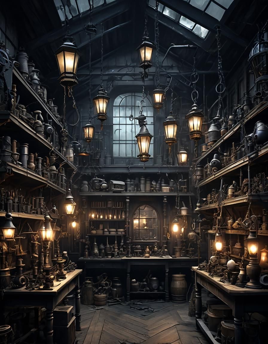 Dark Victorian Steampunk Hardware Store Interior