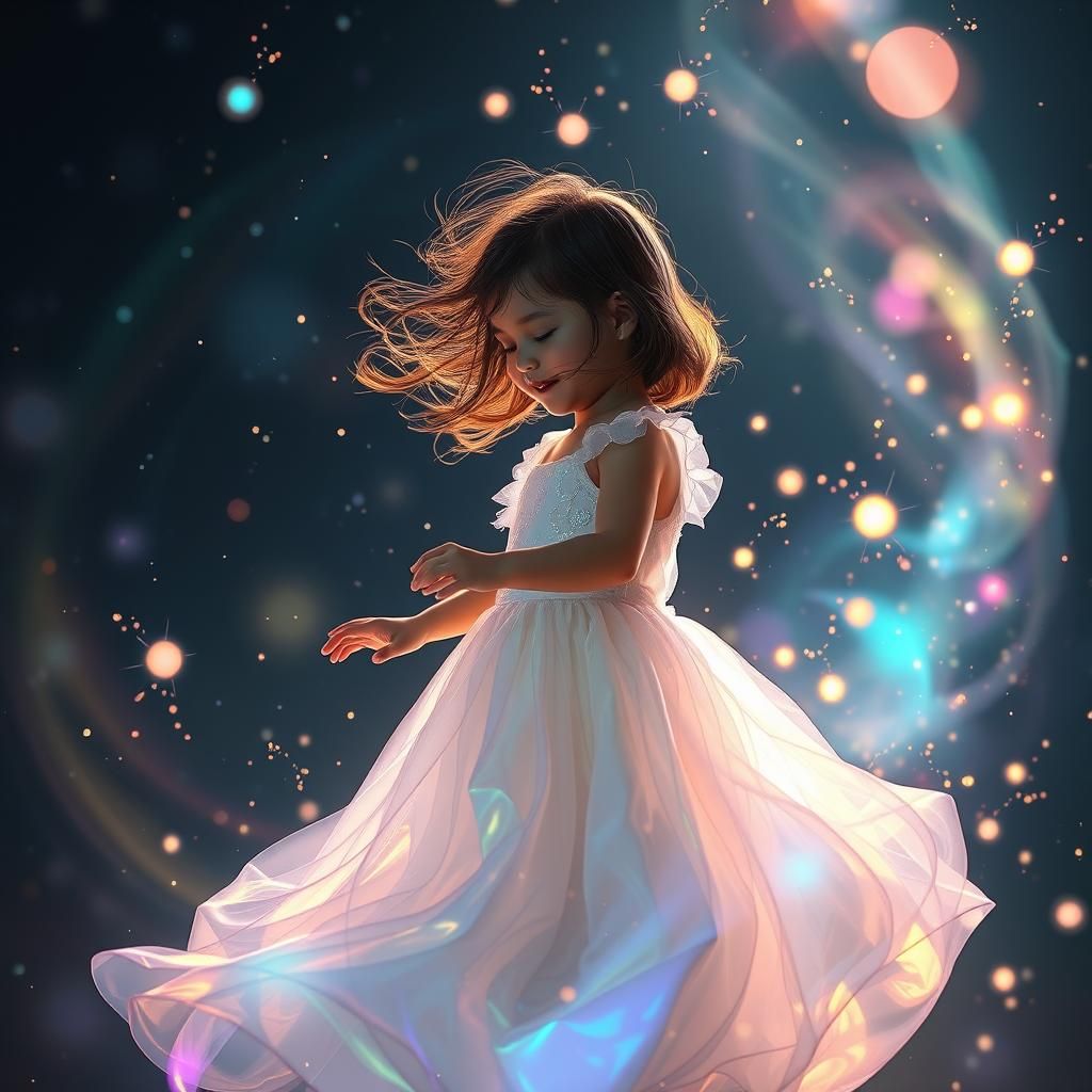 Mystical Girl Playing with Rainbow Light Orbs