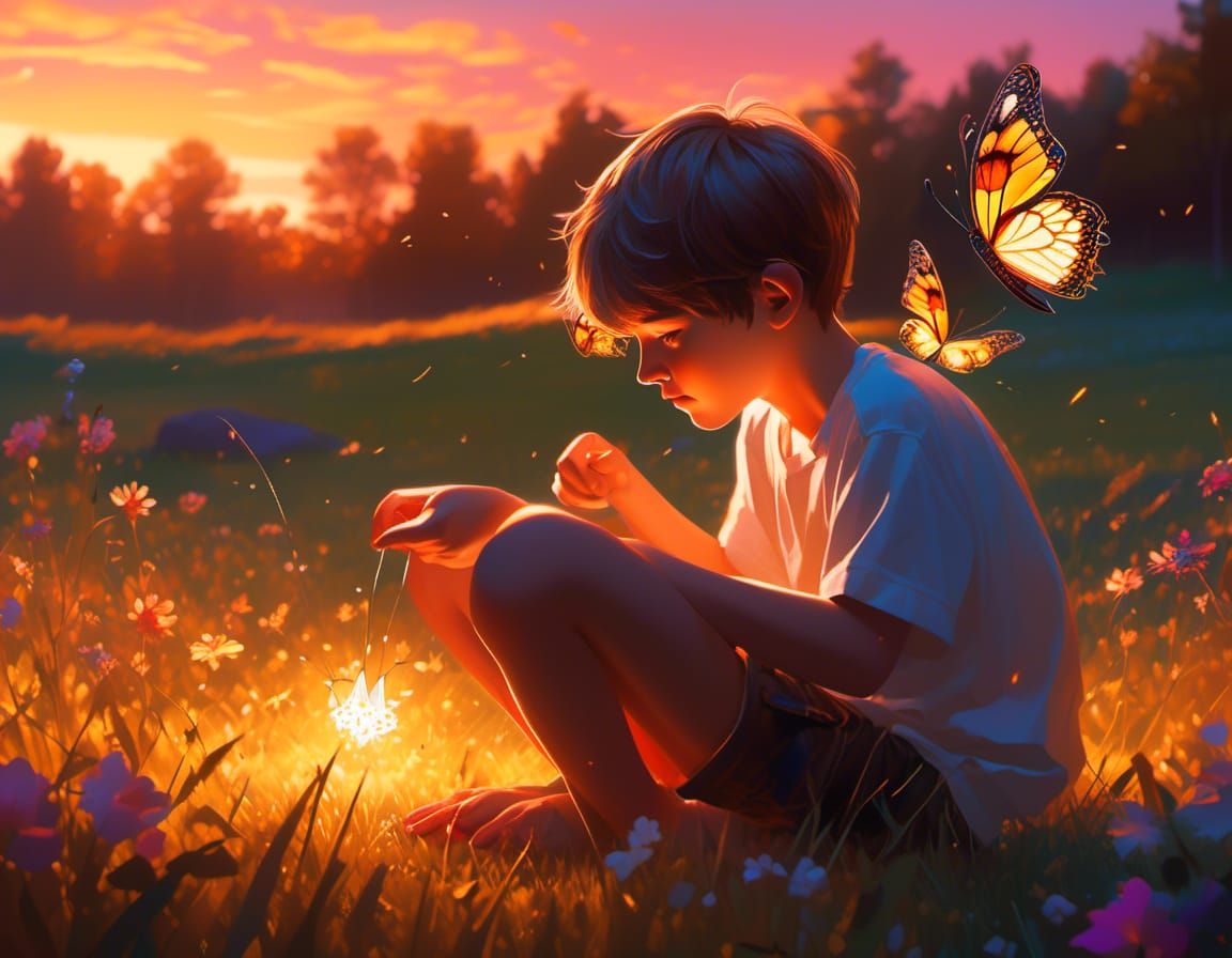 Boy Gazing at Glowing Butterfly in Meadow