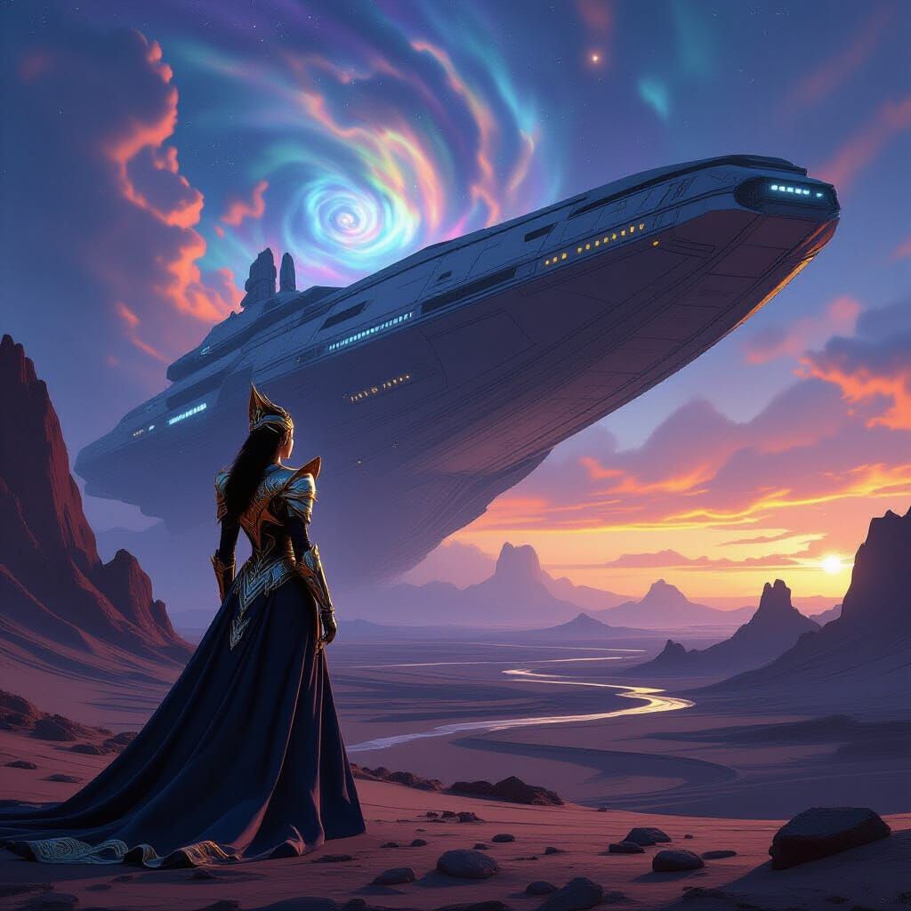 Queen Gazes at Ancient Spaceship on Alien Planet