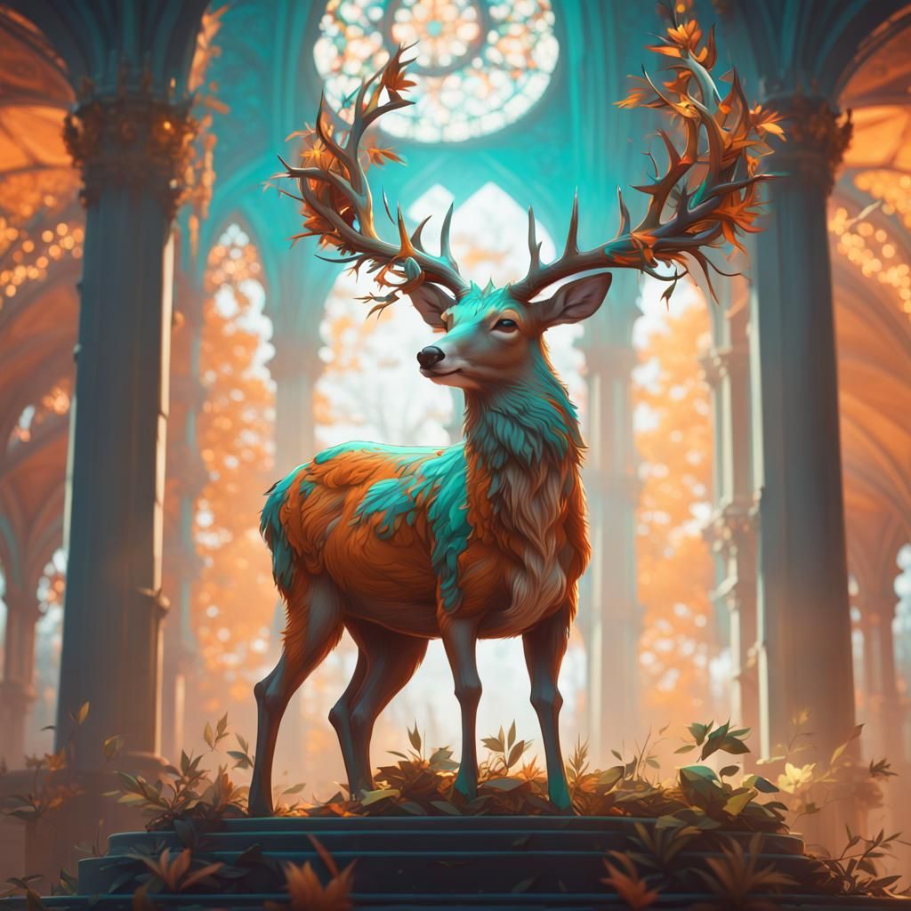 Crowned Deer Concept Art in Orange and Teal