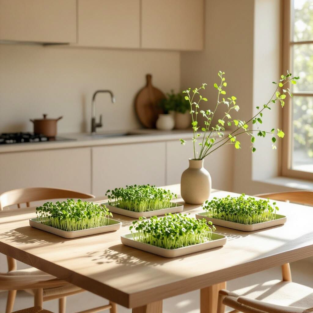 Minimalist Kitchen Microgreens in Soft Morning Light