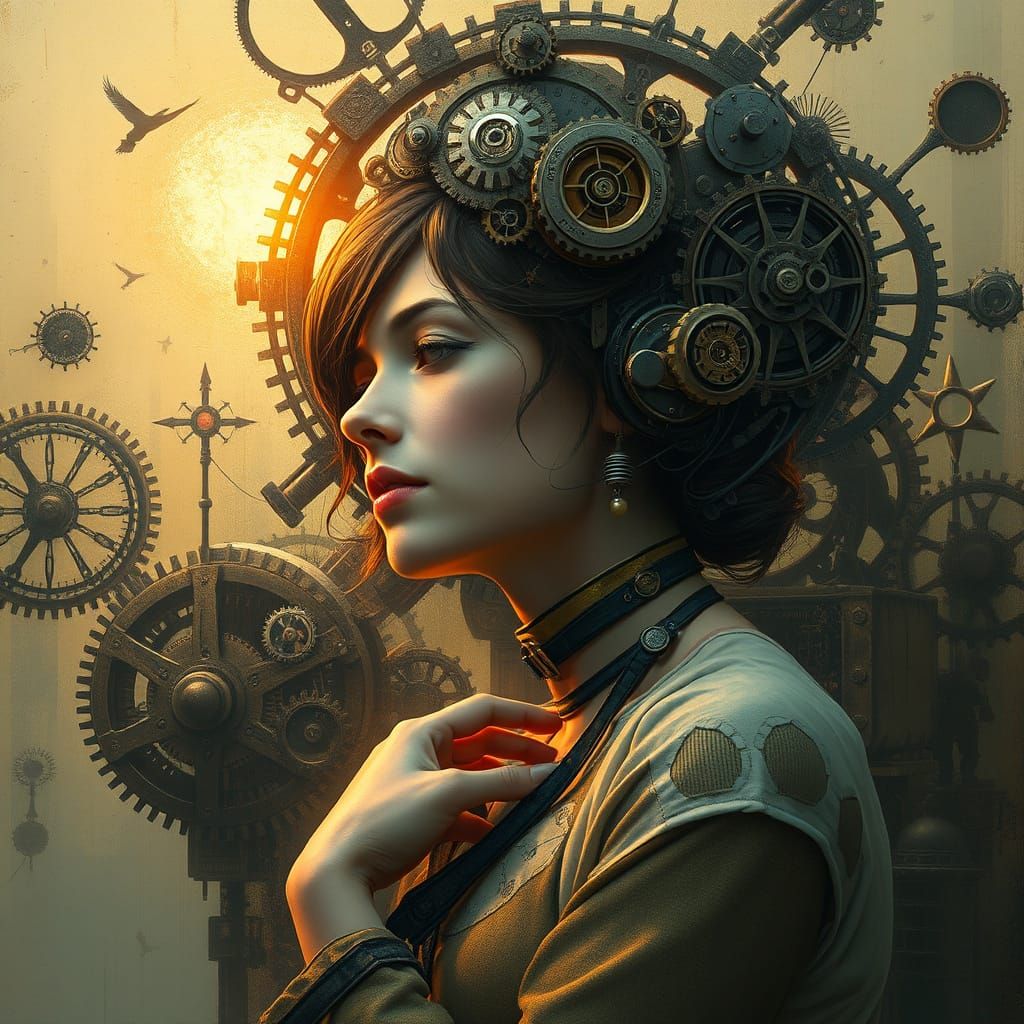 Woman in Clockwork Dreamscape: Digital Art