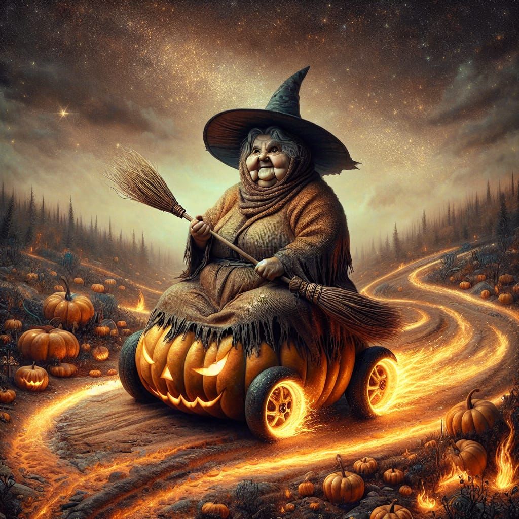 Whimsical Witch Races in Pumpkin Car