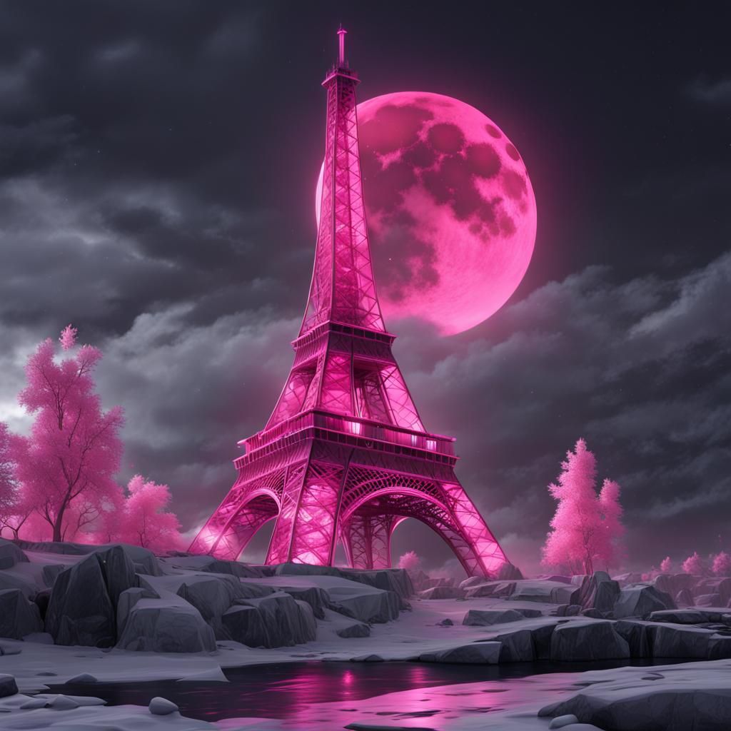 Eiffel Tower in Arctic Scene with Pink Lightning