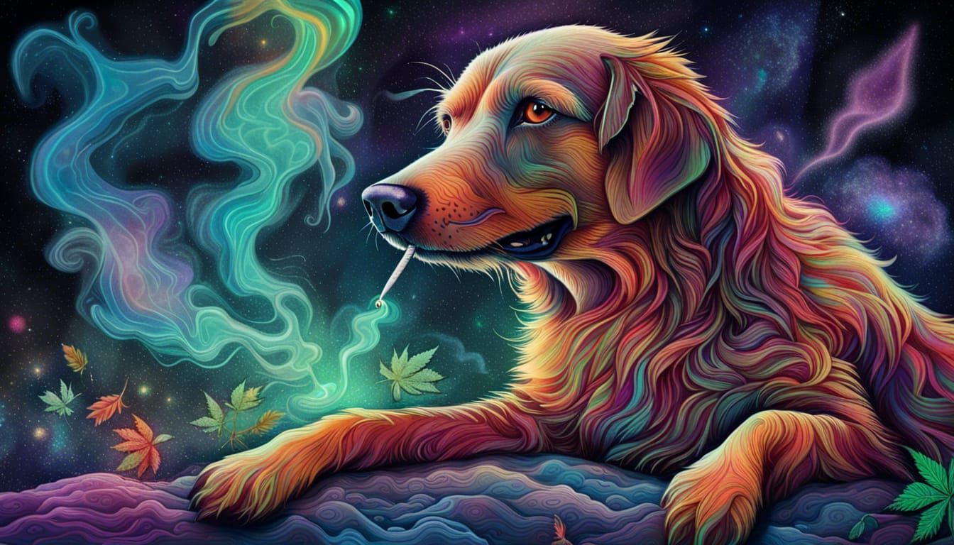 Dog Smoking Weed: Psychedelic Astral Illustration